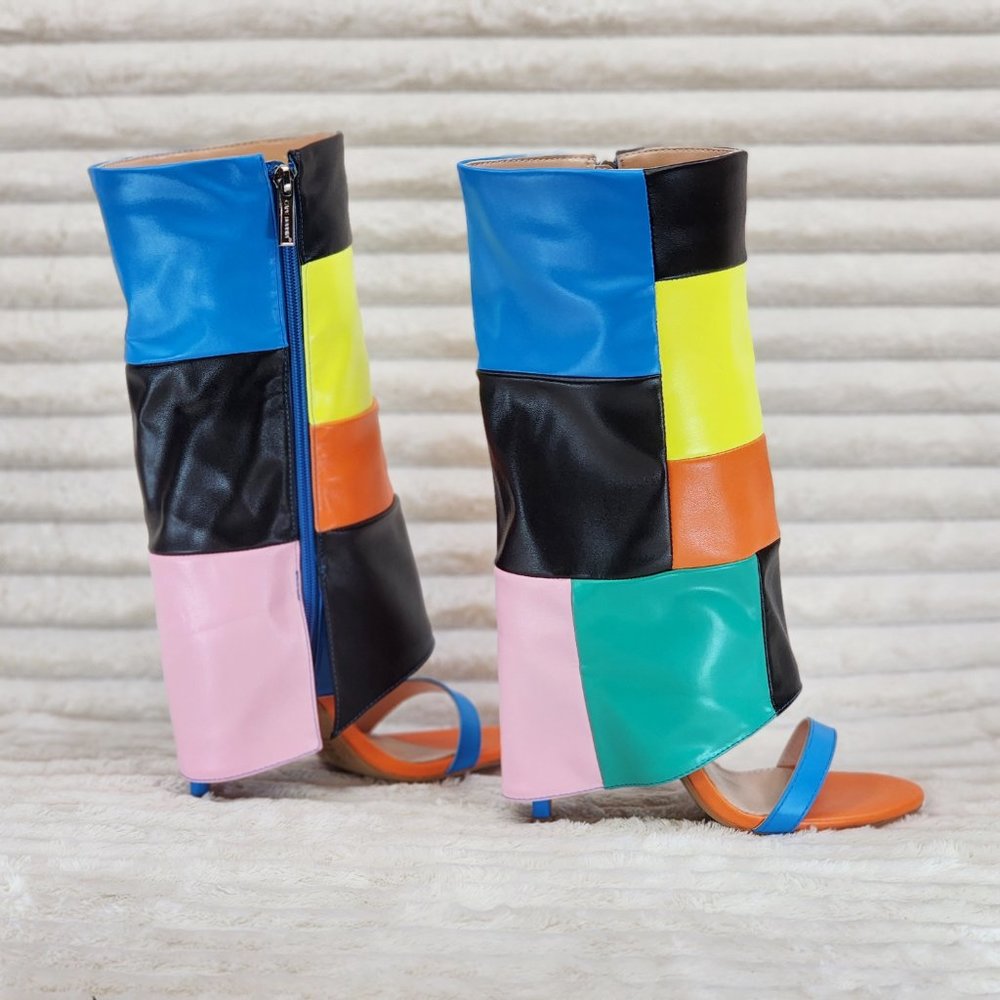 Paris Color Block Stiletto Fold Over Skirted Shootie Boot Sandals - Picture 4 of 15